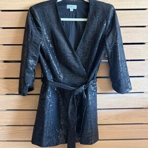 Tahari Black Sequin Collarless Warp Jacket with Belt, Size Small